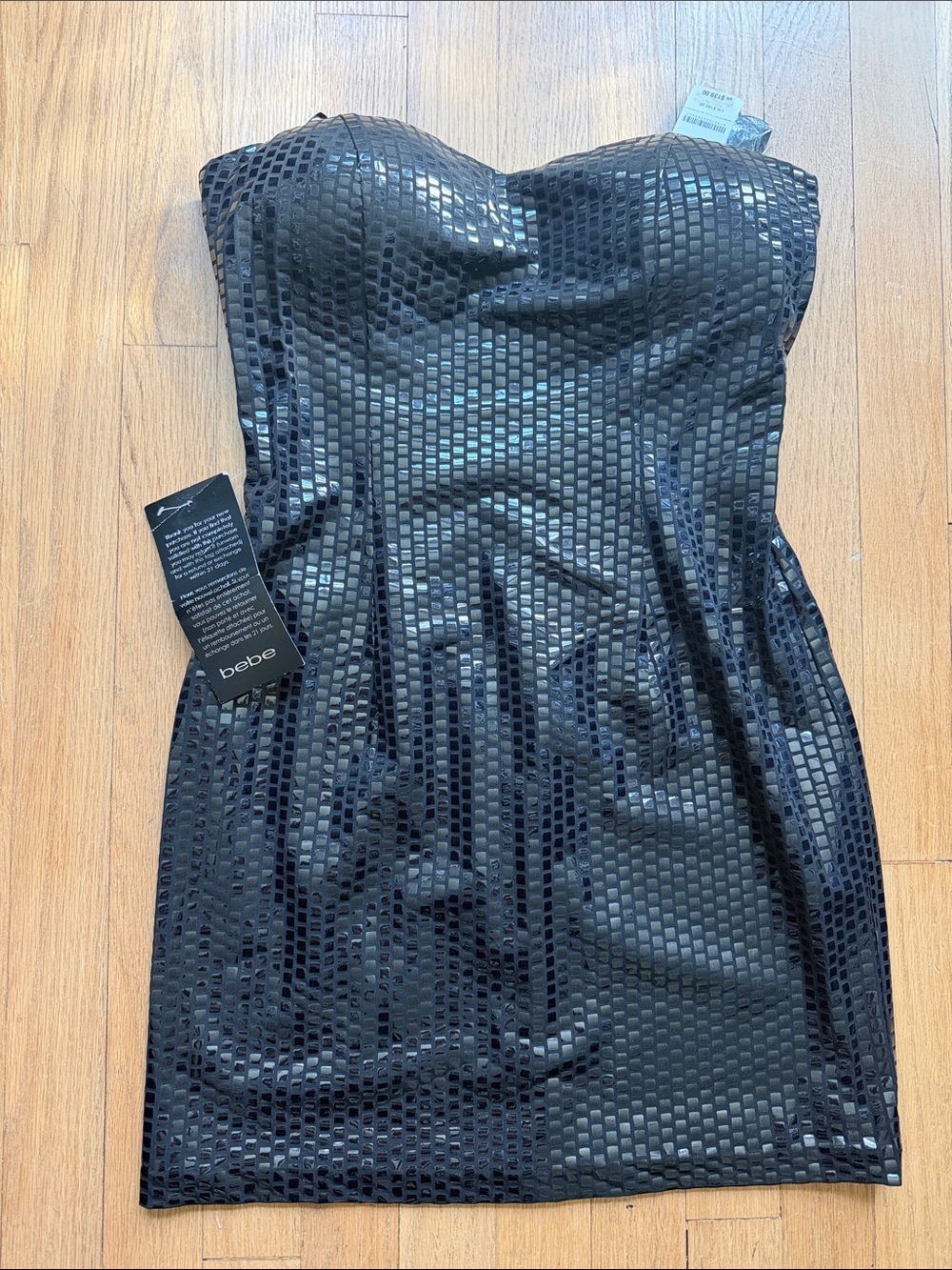 bebe Strapless Black Sequin Tile-Pattern Mini Dress